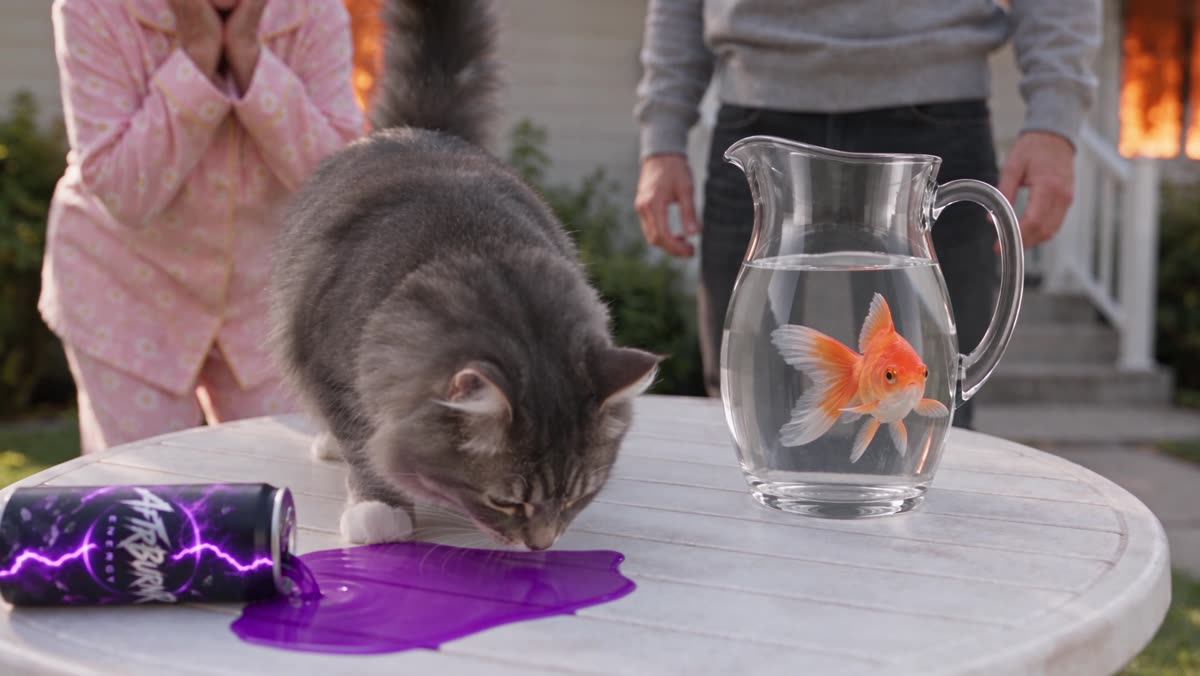 Fin de la pub : le chat aux yeux violets à côté de la canette renversée.