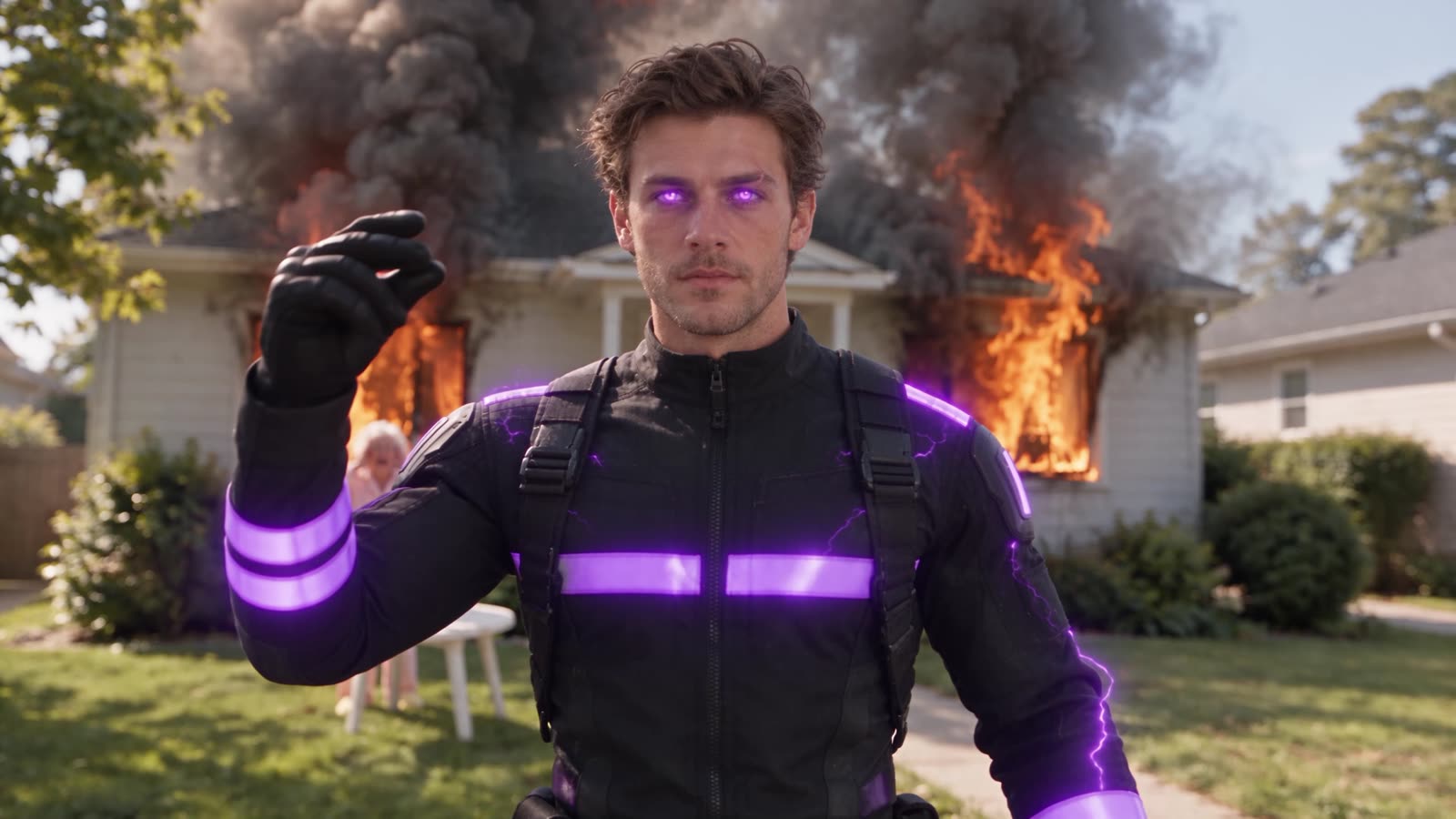 Image tirée d’une pub produite par le studio Crimson Spark : un personnage aux yeux violets claque des doigts devant une maison en feu.