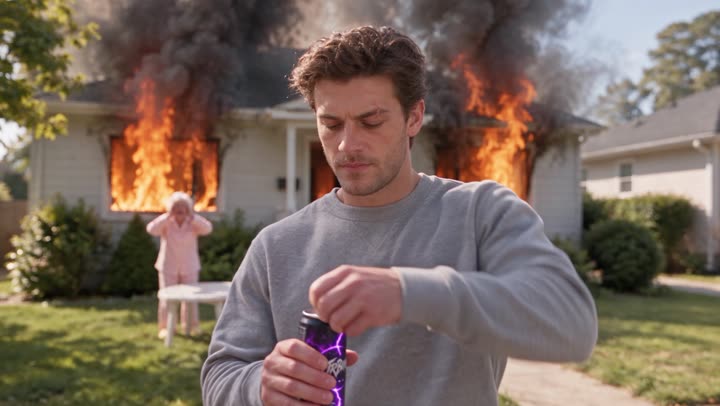 Plan 1 : le personnage en chandail gris, canette à la main.