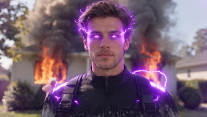 Plan 2 : gros plan, les yeux du personnage s’allument en violet.