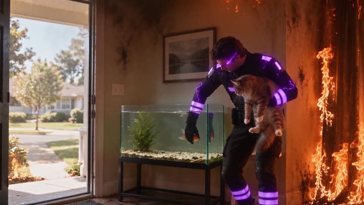 Plan 3 : à l’intérieur de la maison en feu, le personnage prend le chat.